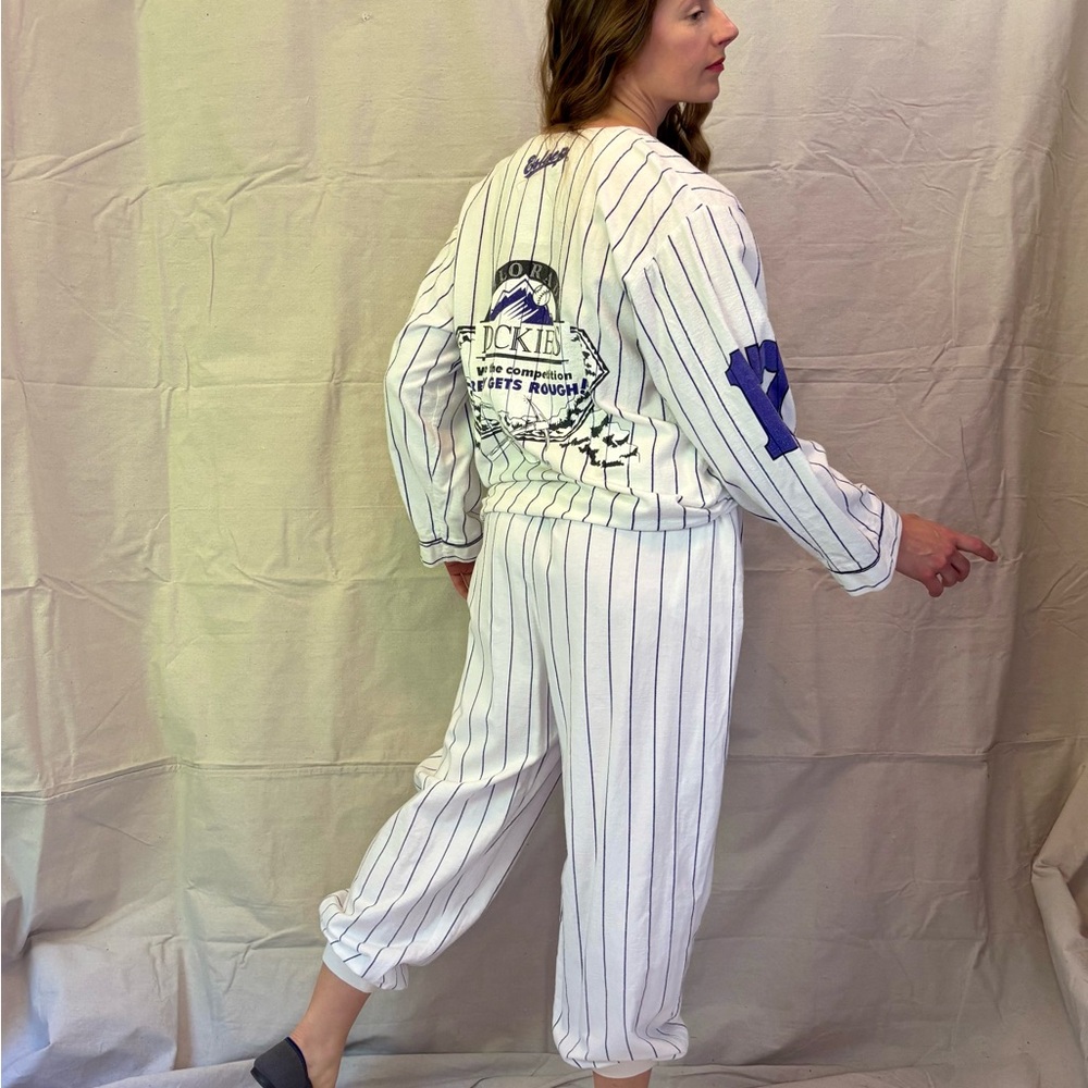 Vintage 90s White Purple Pin Stripe Colorado Rockies Flannel Pajamas ESleep XL - Picture 5 of 12